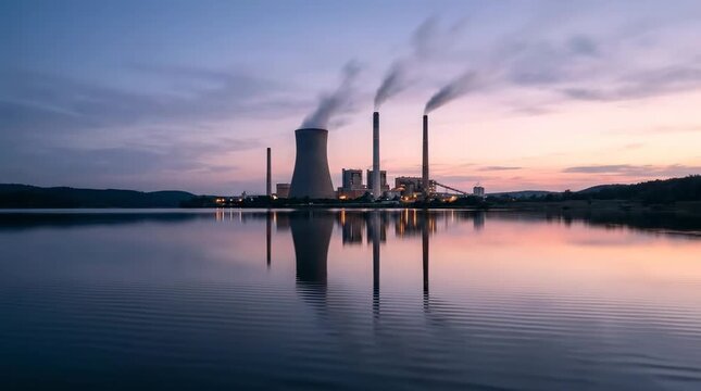 Wide Angle Long Exposure Photograph of a Massive Power Plant with Smoke Stacks and Water Reflection