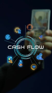 Businessman with smartphone and banknotes vertical shot beside glowing cash flow financial hub. Corporate capital liquidity management, revenue stream optimization, and business treasury concept.