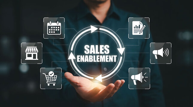 Businessman holding glowing circular sales enablement graphic with icons in hand
