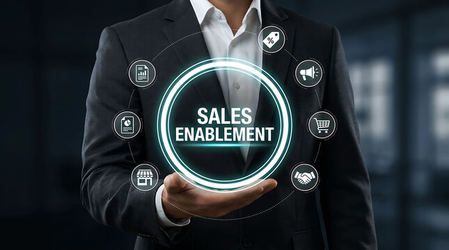Businessman presenting sales enablement strategy with glowing icons and text