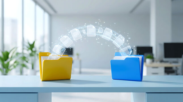 Data migration or file transfer between folders on a desk in an office room