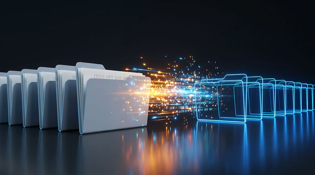 Data migration concept with digital folders transferring files across a network