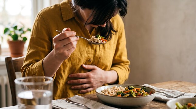 Woman holding her stomach while eating a healthy vegetable meal
