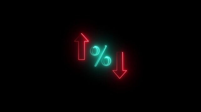 glowing neon Percentage growth and decline icon with up and down arrows. financial, business, and statistical analysis. Up and down percentage arrows icon