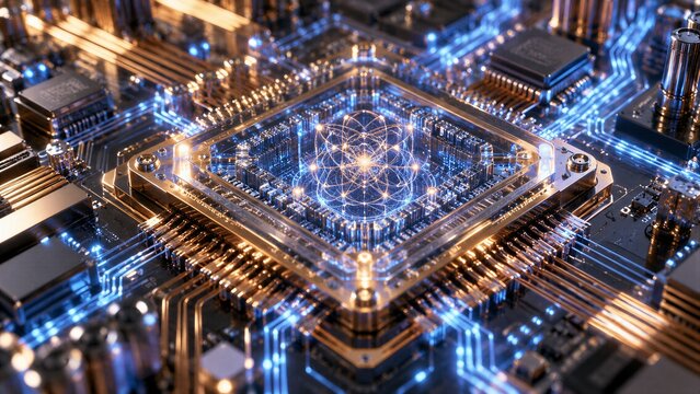 Futuristic Quantum Computer showcasing Qubits and Quantum Circuits for Powerful Supercomputing, Data Processing, and Advanced Microelectronics.