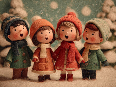 Four smiling carolers in knit hats, coats and scarves singing in falling snow, rendered in a soft 1960s tv show vintage felt toy style. Warm Christmas card illustration.
