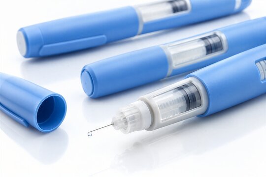 Multiple Semaglutide injection pens for insulin control and obesity management, arranged in a tracking perspective on a clean white surface.