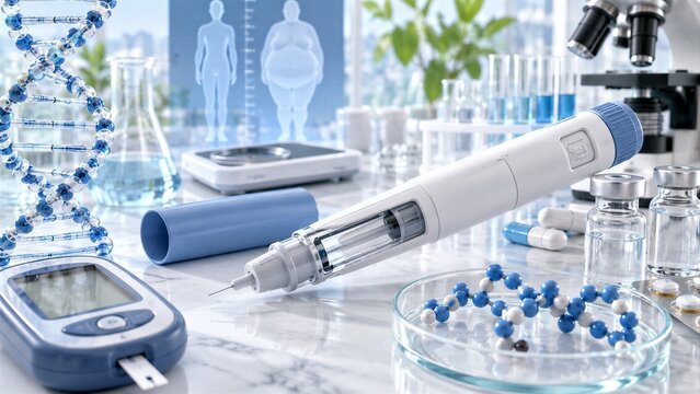 GLP-1 autoinjector pen with DNA helix for diabetes and obesity treatment, representing biotechnology and pharmaceutical innovation.