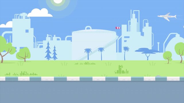 Sunny summer airport loop background with airplane, factory, and palm trees. Seamless looping industrial scene perfect for aviation videos, transit loops, and travel presentations.