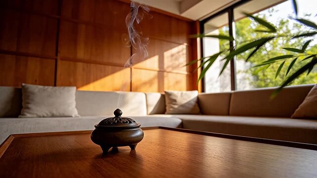 Calm indoor lounge with wooden wall and burning incense burner