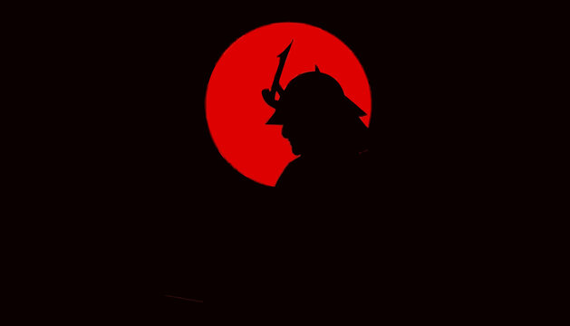Japanese Samurai Warrior Silhouette with Sword and Red Moon