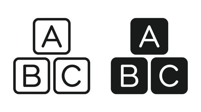Alphabet blocks graphic icons featuring letters a b and c in outline and solid vector styles for educational design projects and simple user interface graphics