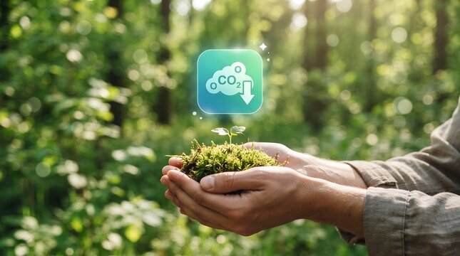 Person cradles patch of moss with a floating carbon reduction icon in a lush green forest.