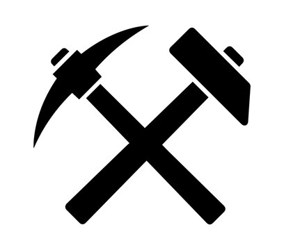 Professional miner pickaxe and sledgehammer crossed icon representing mining and heavy construction industry with manual labor