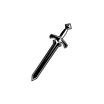 Black medieval sword icon, simple vector illustration on white background, symbolizing combat, history, and fantasy.