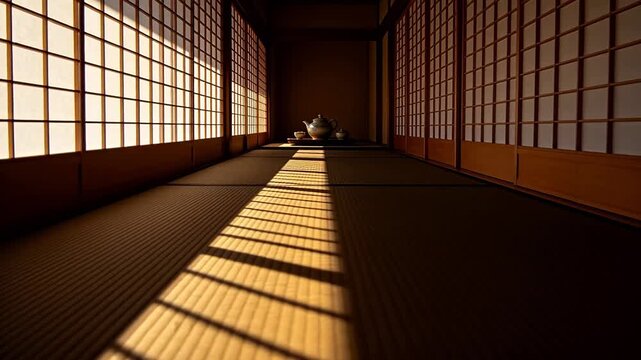 Japanese style room with tatami mats sliding doors and sunlight shadows