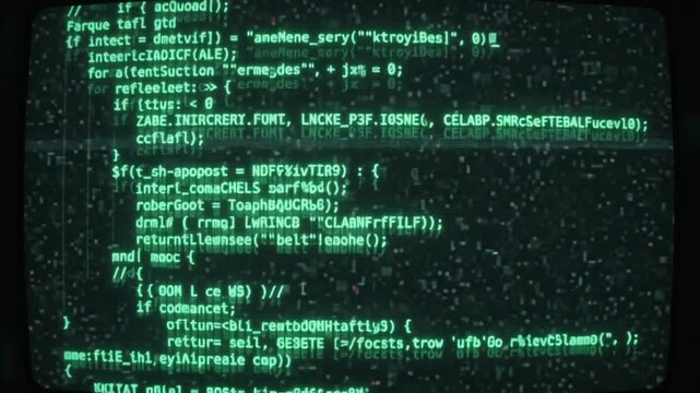 Retro CRT Monitor with Green Glitchy Computer Code, Cyber Security and Hacking Concept Data Stream Loop.
