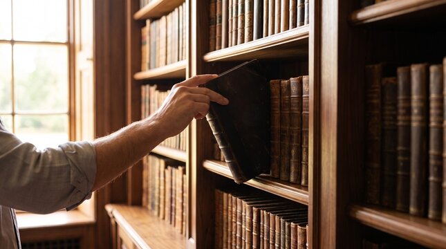 Person hand close up, with vintage leather bound hardcover book, pulling volume from wooden shelf, in antique library room, education concept photography