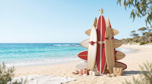 サーフボードを飾りつけたクリスマスツリー。南半球の夏のクリスマス