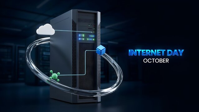 Internet day server tower with digital cloud and network connection