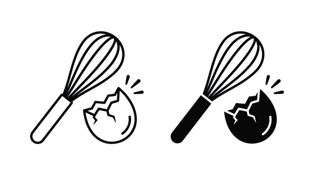 Kitchen whisk icon set featuring minimalist outline and solid vector designs of baking tools and cracked egg shells for culinary concepts and recipe projects