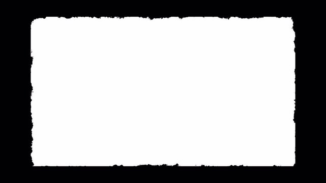 White Rough Paper Frame Border Animation on Transparent Background, Grunge Edge Rectangle Overlay for Vintage Video Transitions and Creative Design