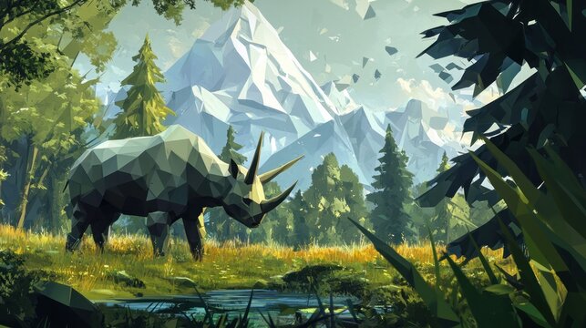 Low-poly rhinoceros in a mountain meadow landscape