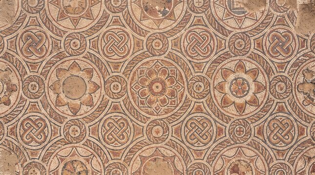 Ancient mosaic pattern with interlocking circles and floral medallions