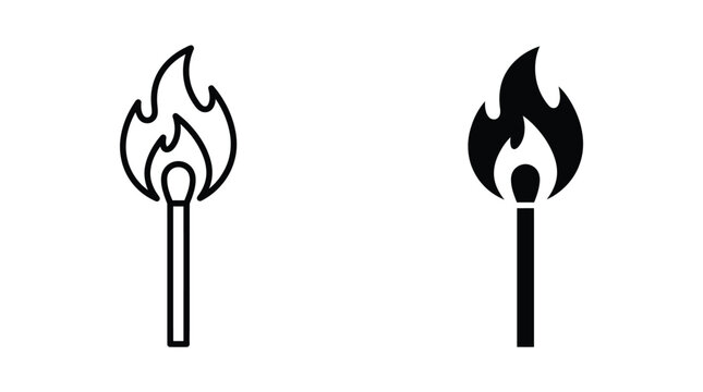 Burning matchstick icons vector set featuring minimalist outline and solid black silhouette styles showcasing bright flames symbolizing fire danger energy heat and combustion concepts