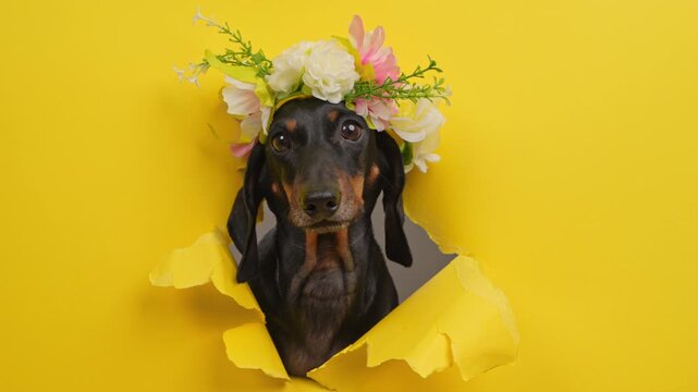 A black and tan dachshund dog wearing a wreath of pink and cream blossoms pushes its head through torn yellow paper, a bright idea for spring florist promotion and seasonal greetings.