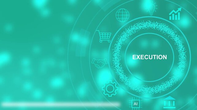 Digital business strategy concept with execution text and glowing icons on a teal background image