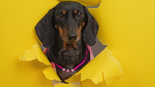 A black and tan dachshund dog in a pink harness and beaded necklace pushes its head through a ripped opening in bright yellow paper, a concept of curiosity and pet accessory retail.