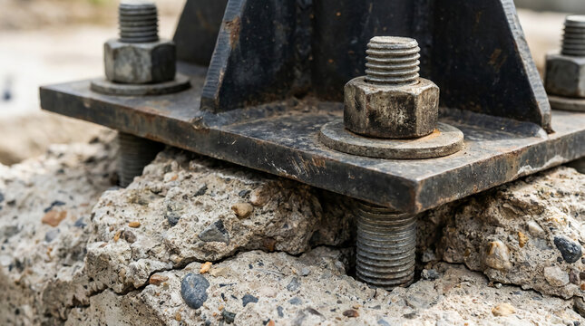 Close-up of a rusted metal base plate secured with nuts and bolts on cracked concrete.