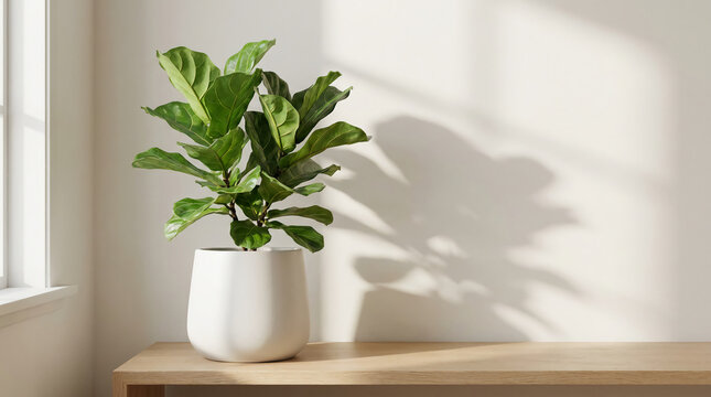 A lush green fiddle leaf fig plant in a white pot sits on a wooden surface, casting a soft shadow on a beige wall in a bright, minimalist room.