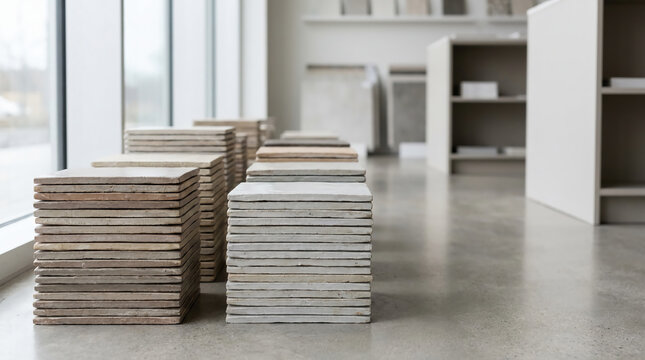 Stacked ceramic tiles in an interior showroom.