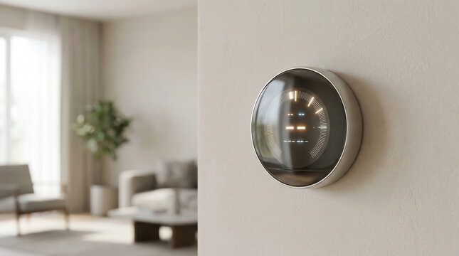 A modern, round smart thermostat is mounted on a beige wall in a stylish, sunlit living room with minimalist furniture and plants.