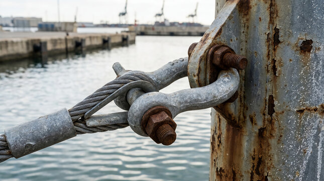 Close-up of a rusted metal shackle and steel cable securing a dock structure by the water, showing weathered textures and industrial marine elements.
