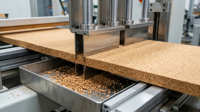 A machine precisely cuts a thick cork sheet, collecting cork granules for processing or recycling in an industrial setting.