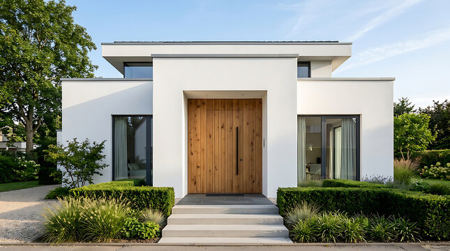 Modern minimalist house with clean lines and lush landscaping creating a contemporary home exterior design