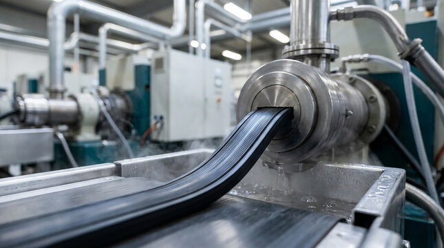 Industrial rubber extrusion machine producing a black rubber strip in a modern manufacturing facility.