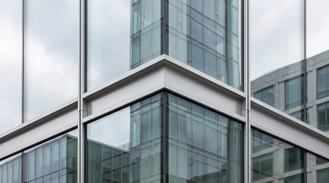 Modern glass office building with reflective windows and clean architectural lines under a cloudy sky.