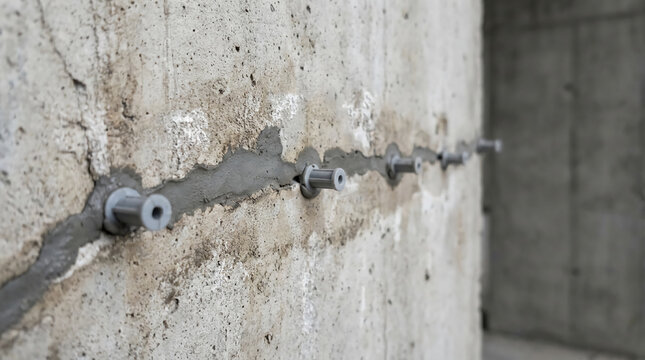 Concrete wall with metal anchors inserted and sealed with fresh cement, likely for structural reinforcement or crack repair.
