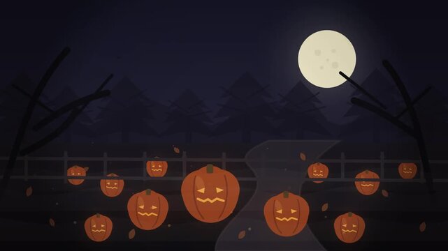 Halloween jack o lanterns glowing along a forest path at night
