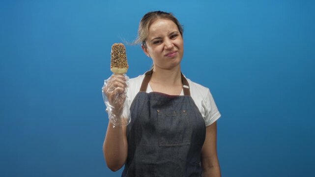 Woman holding nut covered ice cream bar in gloved hand, grimacing while inspecting treat and wearing denim apron in blue studio; disgust reluctance.