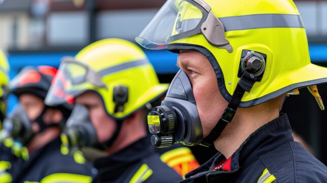 Team of firefighters wearing protective gear and masks during emergency training exercise at outdoor location ensuring safety and efficiency