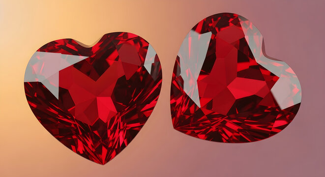 Two Exquisite Heart Shaped Red Gemstones Reflecting Light on a Smooth Gradient Background for Romantic Occasions
