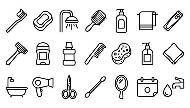 Personal hygiene morning grooming routine bathroom amenities essential sanitary accessories dental body cleansing scheduling and everyday washroom utilities line icons bundle on white background