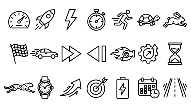 Performance speed optimization time management fast progress and productivity acceleration linear style black outline vector icon collection set
