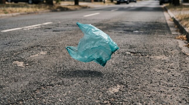 Light Blue Plastic Bag Floating Above Asphalt Road with Blurred Street Background