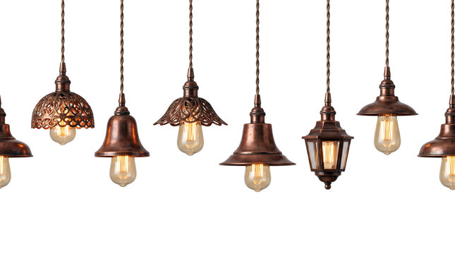 A row of vintage-style copper pendant lamps with edison bulbs, hanging from twisted fabric cords against a plain white background